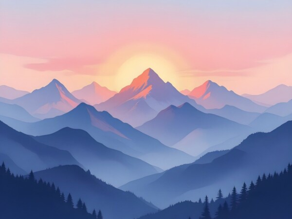 mountains, nature, landscape, alpine, summit, peak, majestic, forest, scenic, scenery, sunrise, sunset, sky, clouds, view, relaxing, calm, snow, mist, fog, ai generated, copy space